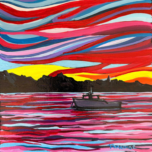sunset off the coast of Maine, original painting by a professional canadian urban landscape artist. visual art ready to hang on your wall.