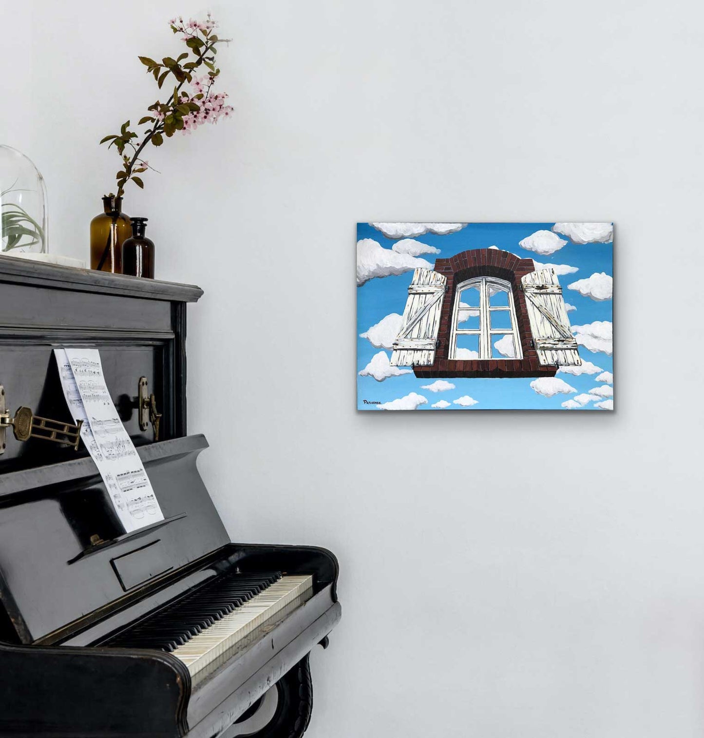 Tribute piece to René Magritte, fantasy view of cartoon clouds with a floating window. Original painting visual art ready to hang on your wall.