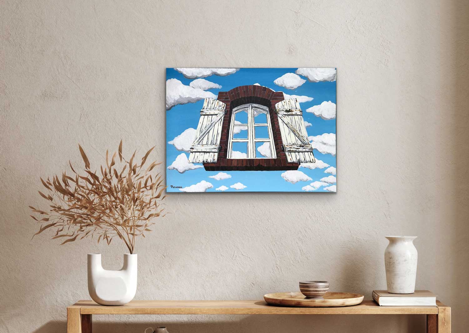 Tribute piece to René Magritte, fantasy view of cartoon clouds with a floating window. Original painting visual art ready to hang on your wall.