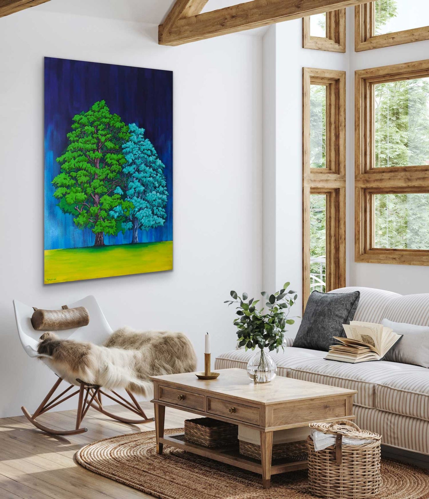 Large twin trees from the Jardin Botanique de Montréal, large original painting by a professional Canadian landscape artist. visual art ready to hang on your wall.