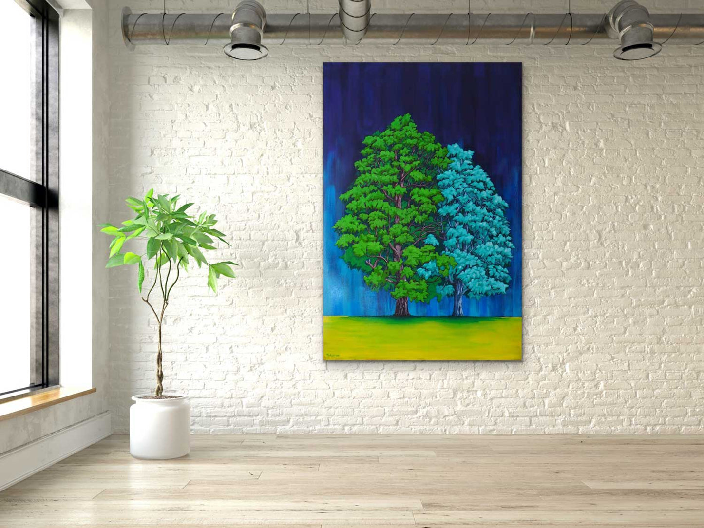 Large twin trees from the Jardin Botanique de Montréal, large original painting by a professional Canadian landscape artist. visual art ready to hang on your wall.