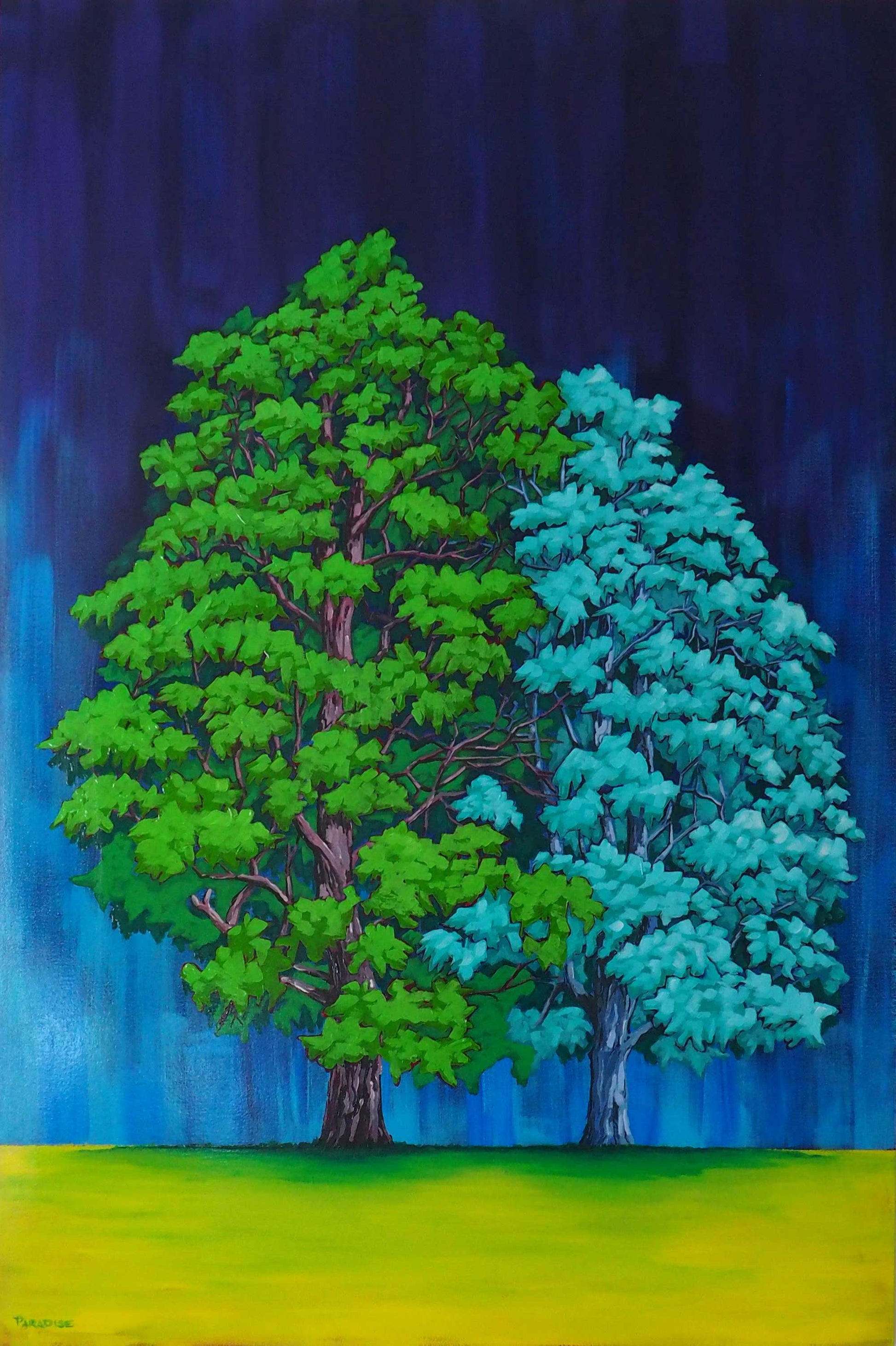 Large twin trees from the Jardin Botanique de Montréal, large original painting by a professional Canadian landscape artist. visual art ready to hang on your wall.