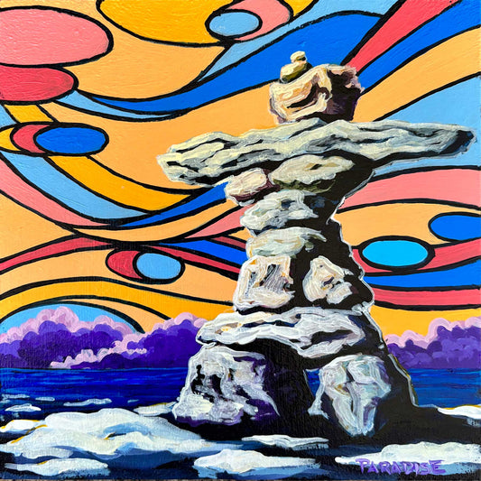 Inukshuk standing tall against a native coloured sky original small painting by a professional Canadian landscape artist. visual art ready to hang on your wall.