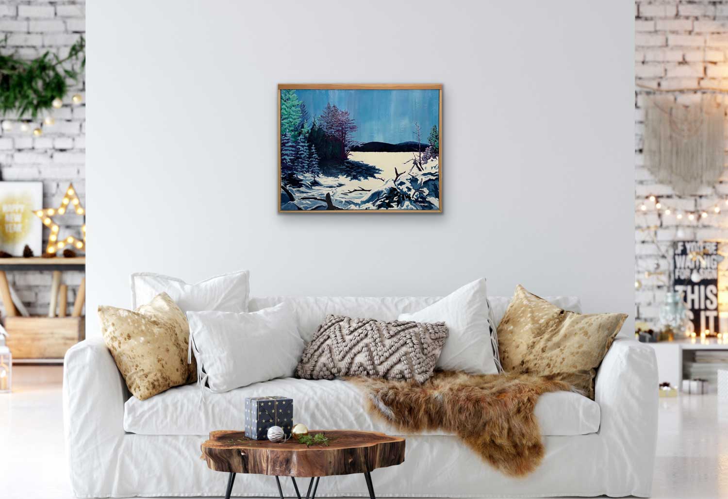 winter scene of Lake Paradis in Northern Québec, on a beautiful sunny afternoon. framed riginal painting by a professional Canadian landscape artist. visual art ready to hang on your wall.