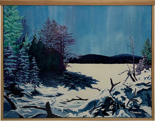 winter scene of Lake Paradis in Northern Québec, on a beautiful sunny afternoon. framed riginal painting by a professional Canadian landscape artist. visual art ready to hang on your wall.