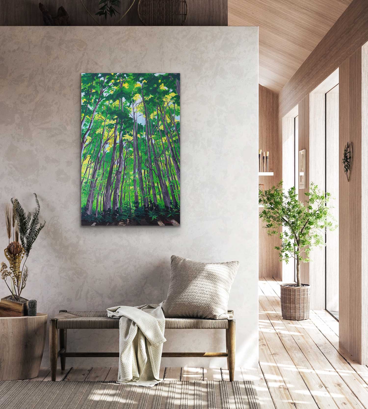 profusion of green hues of the trees and the beauty of the forest floor, where the dense canopy of foliage creates a setting almost impervious to direct sunlight. . Original painting by a professional Canadian landscape artist. visual art ready to hang on your wall.