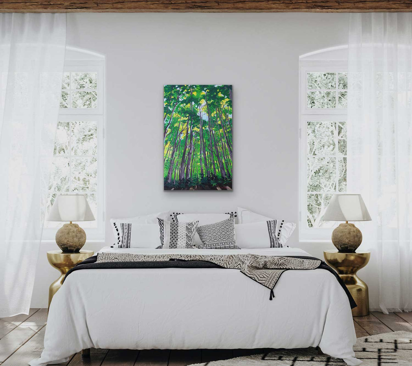 profusion of green hues of the trees and the beauty of the forest floor, where the dense canopy of foliage creates a setting almost impervious to direct sunlight. . Original painting by a professional Canadian landscape artist. visual art ready to hang on your wall.