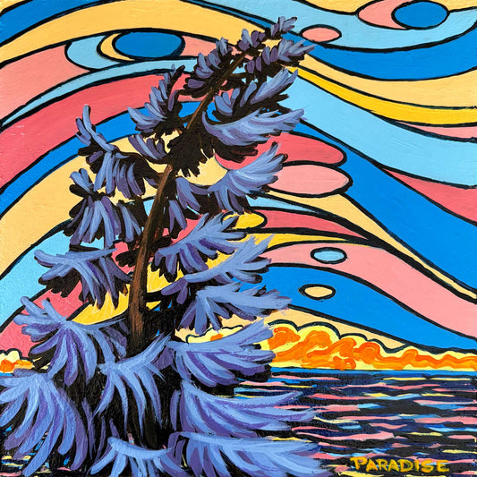 This Balsam fir tree dancing on the see shore Native colors. Original painting by a professional Canadian landscape artist. visual art ready to hang on your wall.