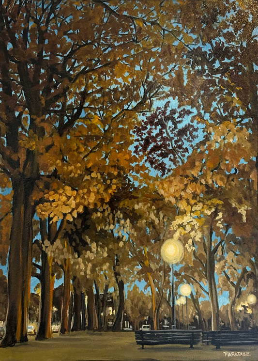 Parc Molson at night in Rosemont-la-Petite-Patrie, Montréal. original painting by a professional Canadian landscape artist. visual art ready to hang on your wall.