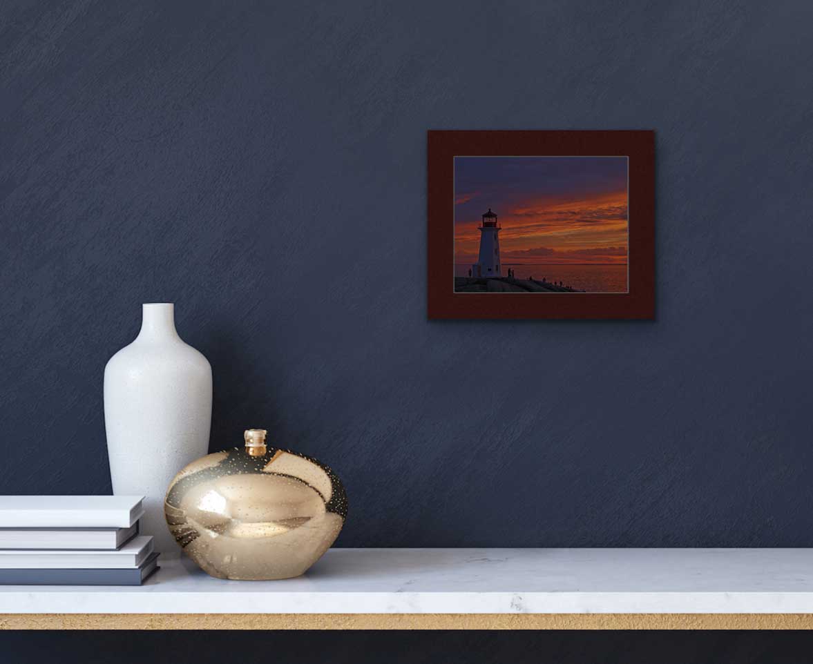 sky at Peggys Cove, a dramatic contrast of purple and orange. Print on hight quality paper 7.75 x 9.5 inches with a burgundy mat 10 x 12 inches.  Place the photography in a frame of your choice and hang it in your favorite decor.