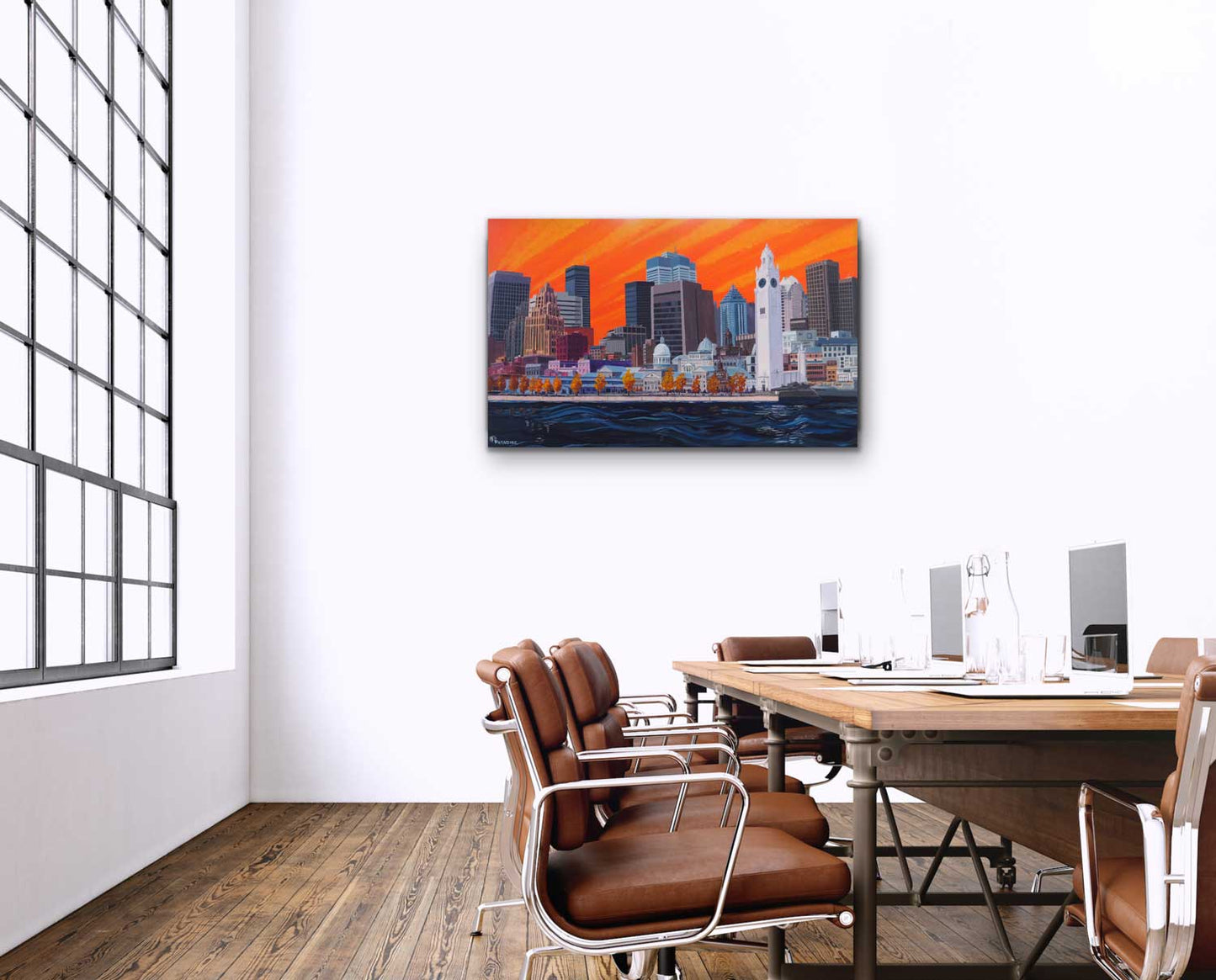 Large modern unique painting of cityscape Downtown Montréal viewed from across the St-Lawrence river, with bright orange sky. Original painting by a professional Canadian landscape artist. visual art ready to hang on your wall.