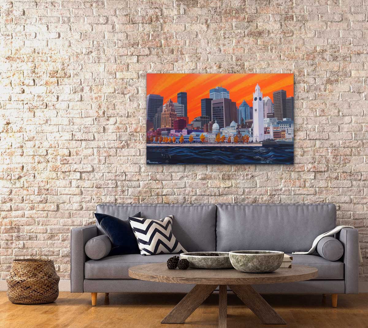 Large modern unique painting of cityscape Downtown Montréal viewed from across the St-Lawrence river, with bright orange sky. Original painting by a professional Canadian landscape artist. visual art ready to hang on your wall.