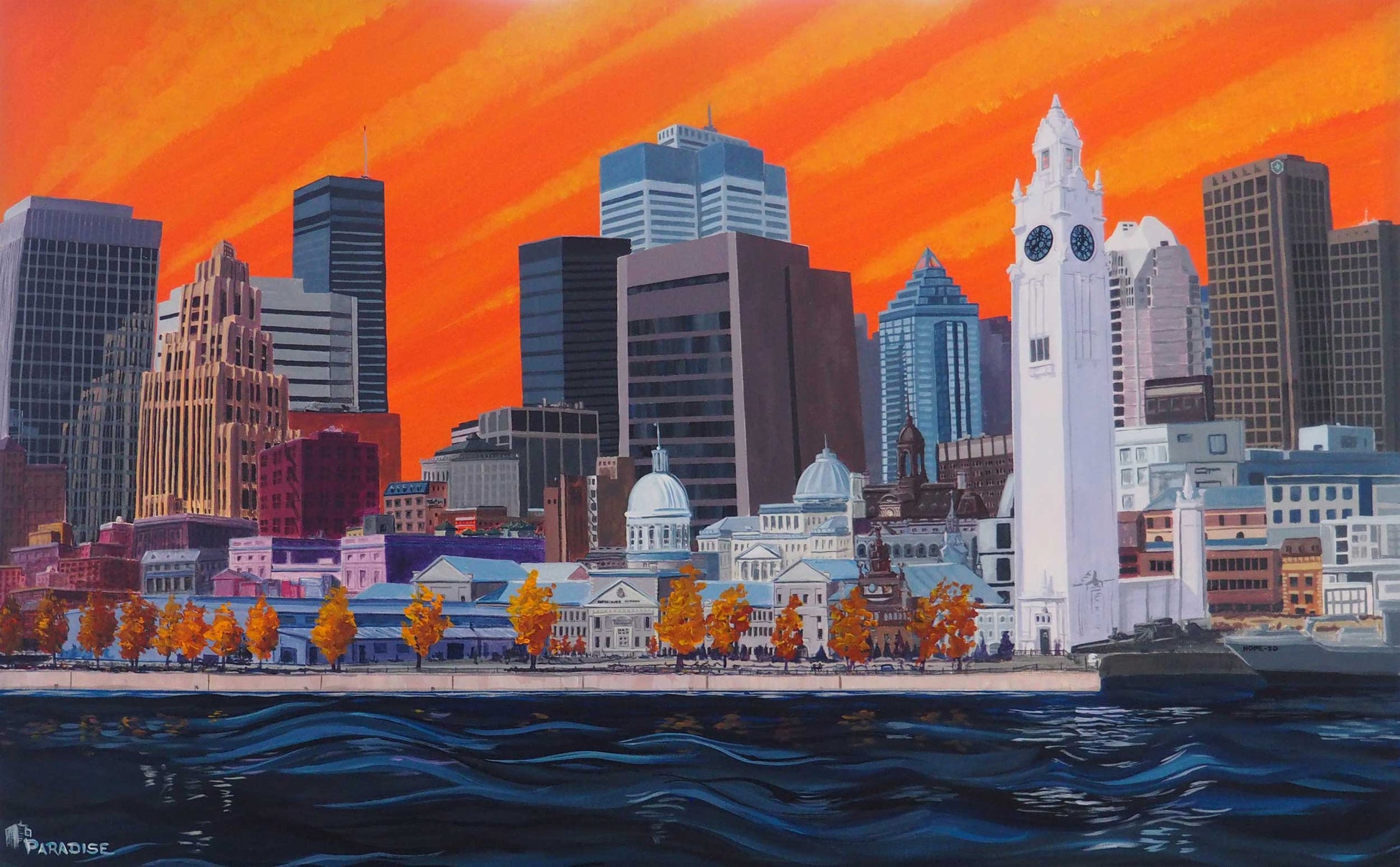 Large modern unique painting of cityscape Downtown Montréal viewed from across the St-Lawrence river, with bright orange sky. Original painting by a professional Canadian landscape artist. visual art ready to hang on your wall.