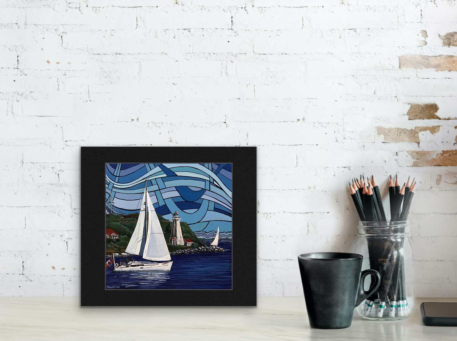 Elegant sailing boat cruising in the waters off Halifax Harbour Nova Scotia, while passing in front of Georges Island Lighthouse under a vibrant blue sky. High quality print from an Original painting by a professional Canadian landscape artist. visual art ready to hang on your wall.
