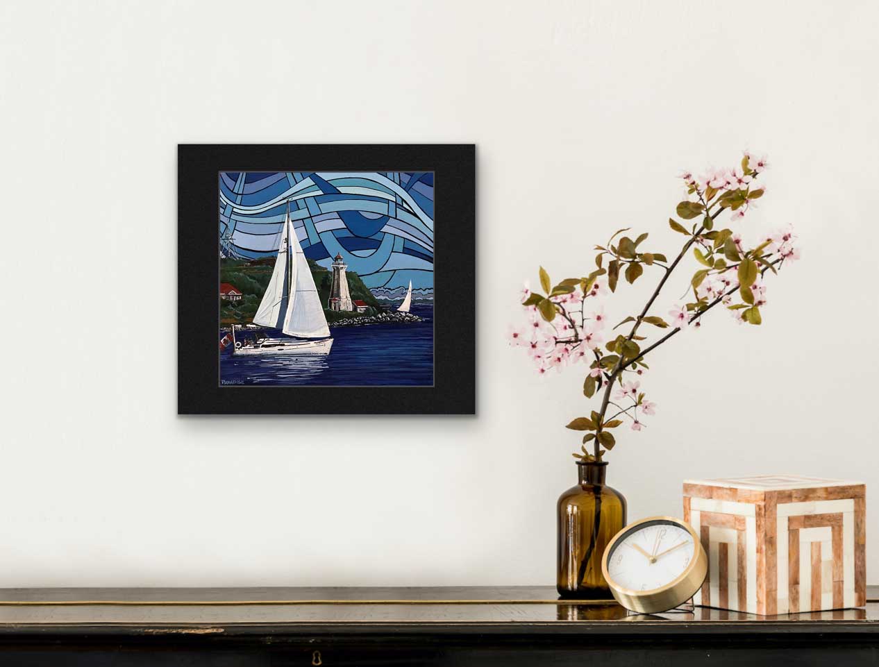 Elegant sailing boat cruising in the waters off Halifax Harbour Nova Scotia, while passing in front of Georges Island Lighthouse under a vibrant blue sky. High quality print from an Original painting by a professional Canadian landscape artist. visual art ready to hang on your wall.
