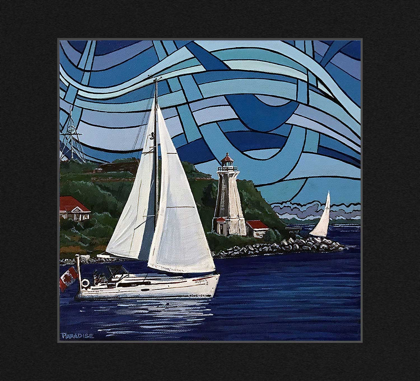 Elegant sailing boat cruising in the waters off Halifax Harbour Nova Scotia, while passing in front of Georges Island Lighthouse under a vibrant blue sky. High quality print from an Original painting by a professional Canadian landscape artist. visual art ready to hang on your wall.