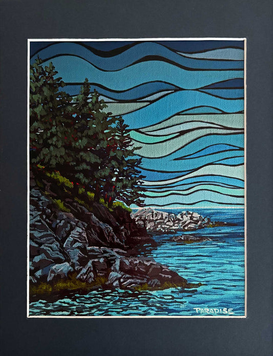 Beautiful secluded spot at the bottom of the stairs at Smuggler’s Cove Provincial Park Nova Scotia. High quality print from an Original painting by a professional Canadian landscape artist. visual art ready to hang on your wall.