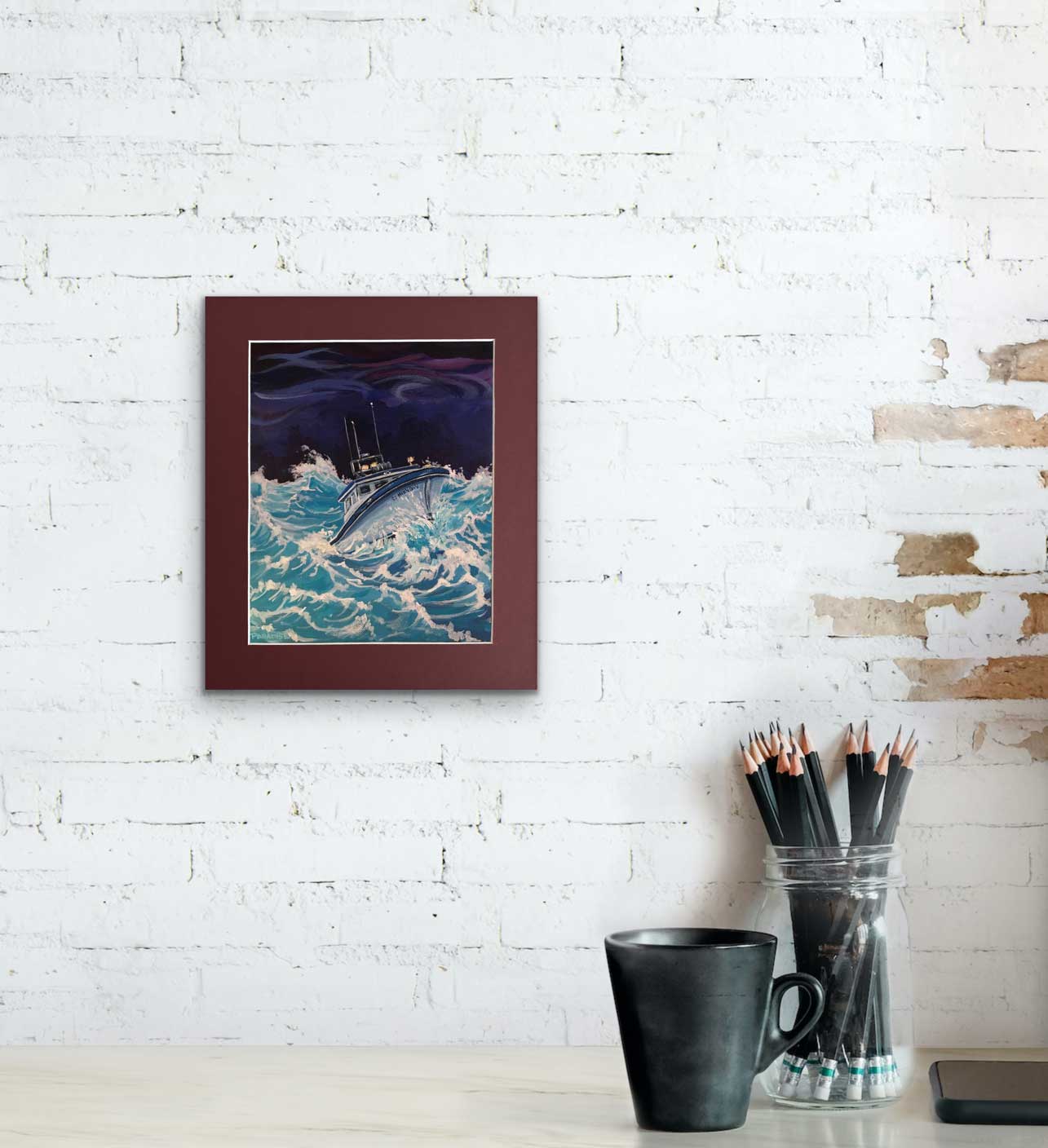 Fisherman's boat is fighting for its life in at night in the troubled water. high quality print from original painting by a professional Canadian landscape artist. visual art ready to hang on your wall.