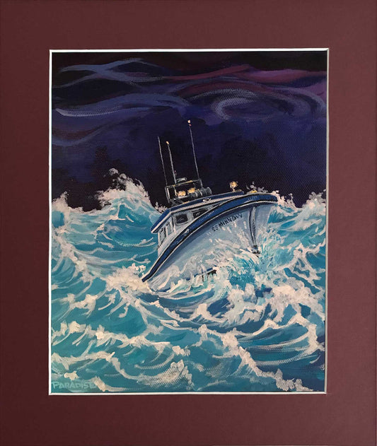 Fisherman's boat is fighting for its life in at night in the troubled water. high quality print from original painting by a professional Canadian landscape artist. visual art ready to hang on your wall.