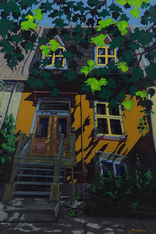 This typical dwelling on the Plateau Mont-Royal in Montreal exudes character and charm, embracing its imperfections as part of its unique allure. orange duplex seen tue the tree’s leaves. Original painting by a professional Canadian landscape artist. visual art ready to hang on your wall.