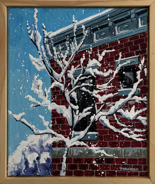 The typical La Petite-Patrie, red brick house from Montreal, during a snow winter scene.framed original painting by a professional Canadian landscape artist. visual art ready to hang on your wall.